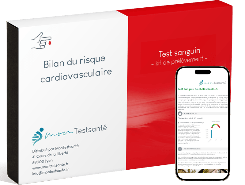 Le test sanguin du profil cardio est effectué à l'aide d'un kit simple que nous vous envoyons à votre domicile. 