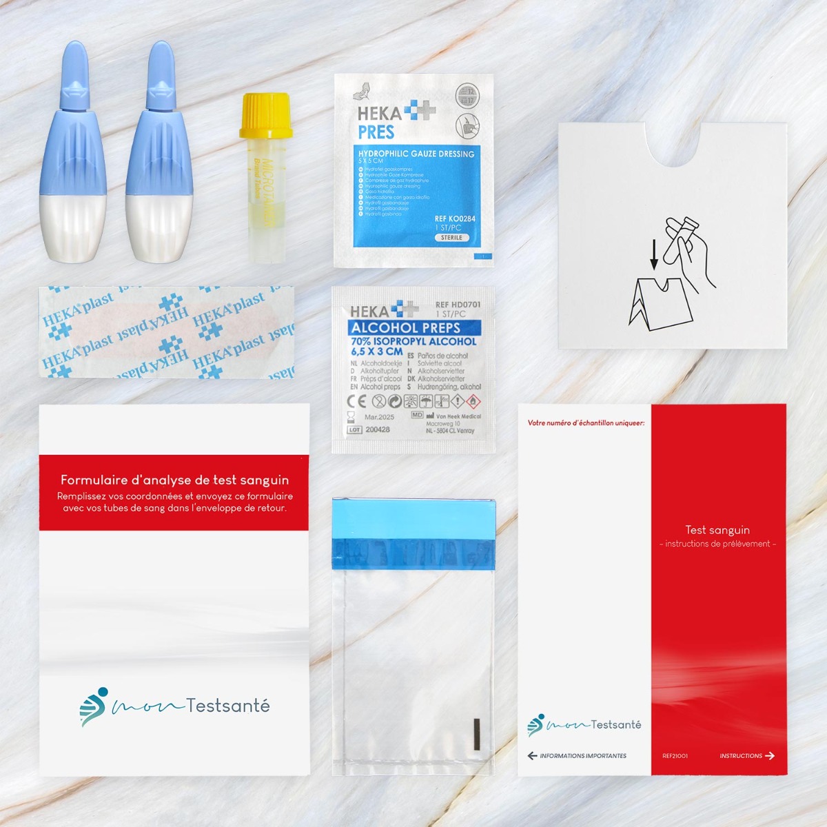 Matériel présent dans le kit pour effectuer le test de la syphilis. Matériel présent dans le kit pour effectuer le test de la syphilis.